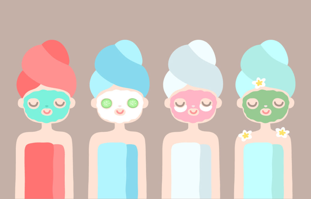4 skizzierte Frauen mit einer Gesichtsmaske